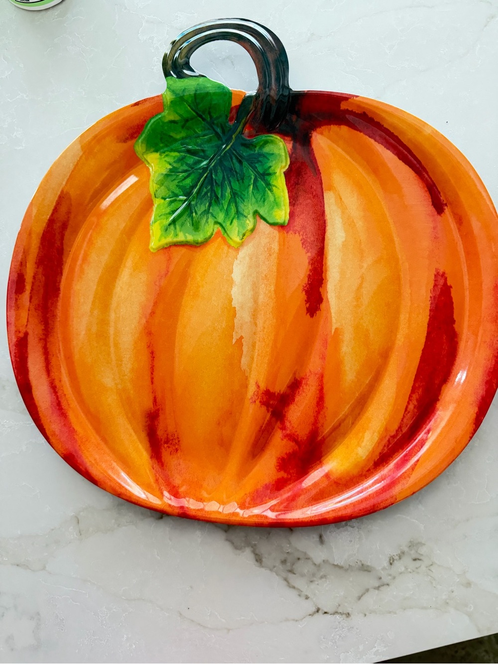 Melamine Orange Pumpkin Serving Platter with Green Leaf Accent